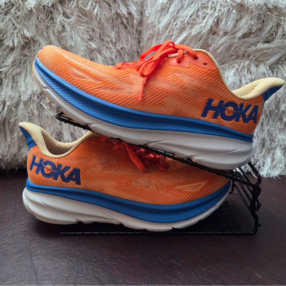 Hoka One One Orange and Blue Clifton 9 Shoes